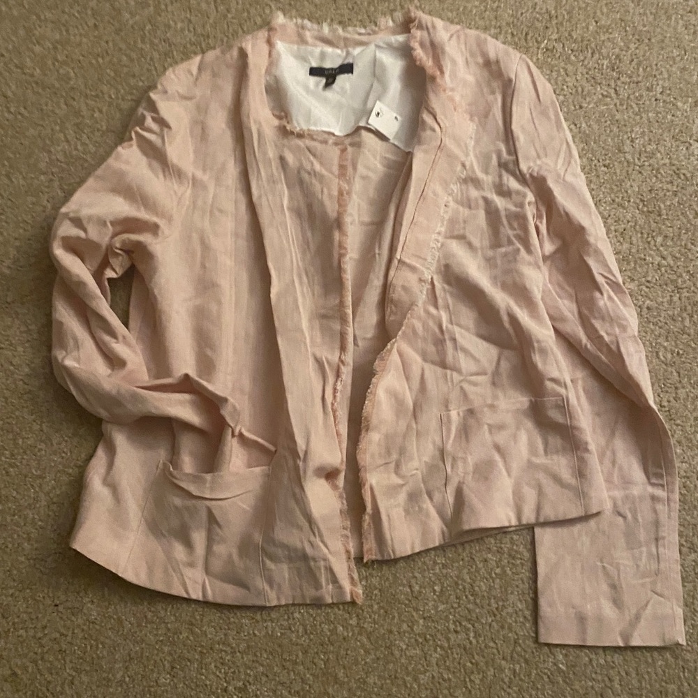 DREW linen blend ballet pink open blazer